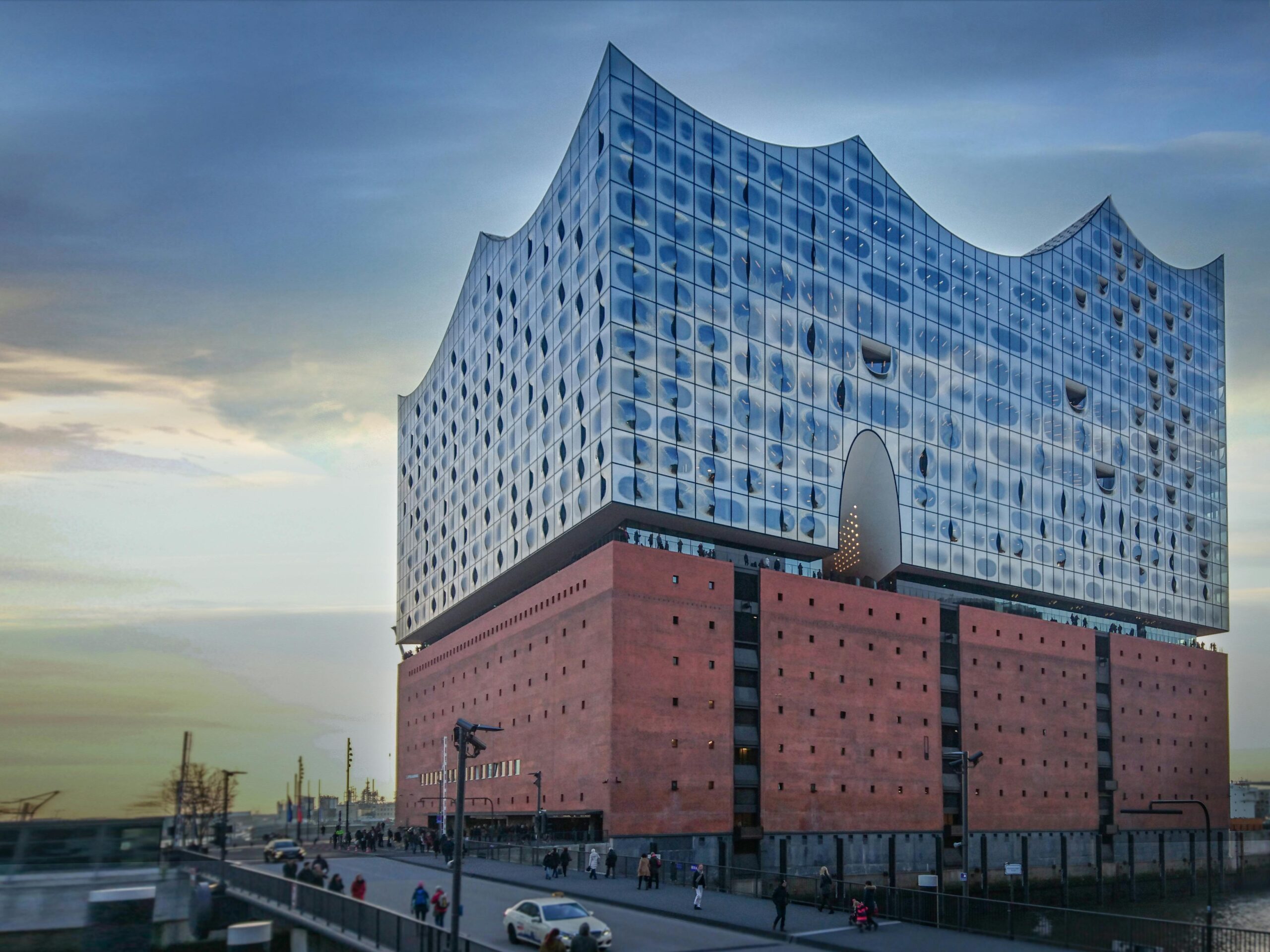 The iconic Elbphilharmonie in Hamburg captured during twilight, showcasing its modern architecture.